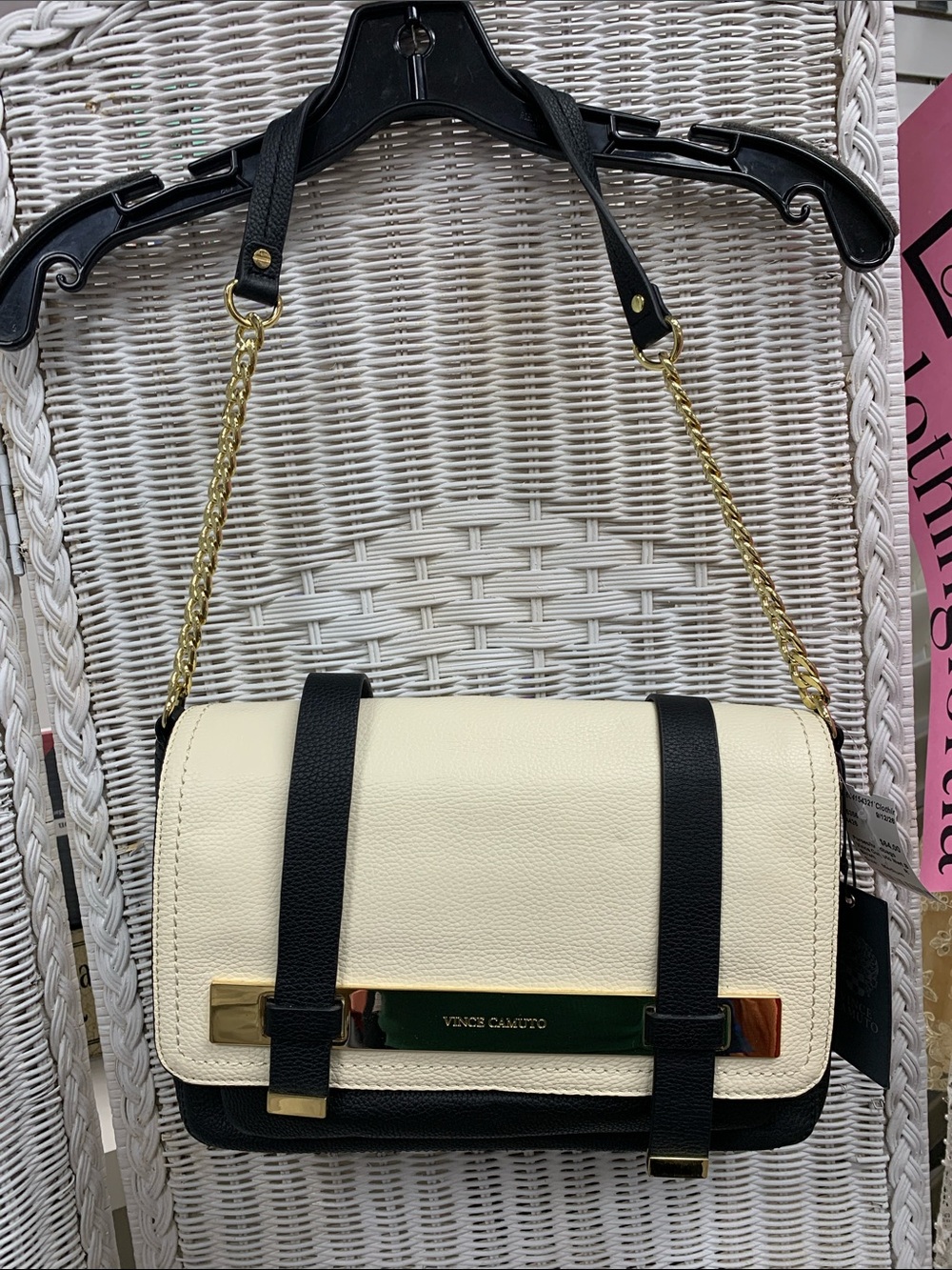 Vince Camuto Cream and Black Leather Crossbody with Gold Chain NWT